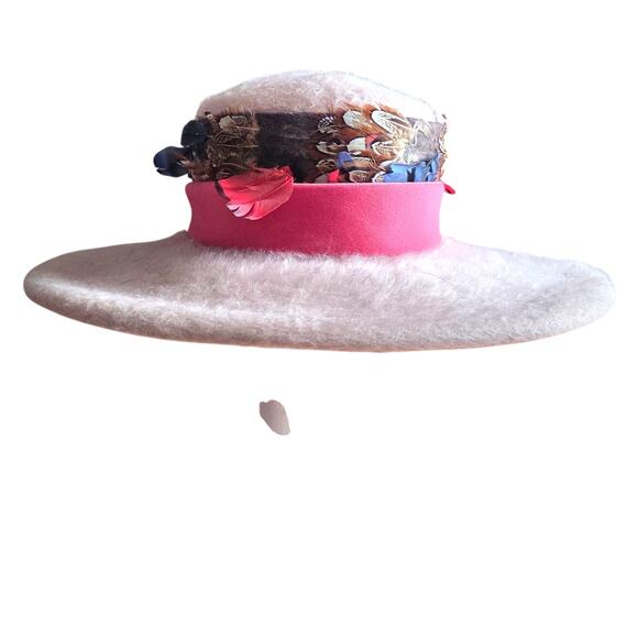 1960\'s Lazarus Pink Fur Felt Wide Brim Hat Natural Feathers Church Derby Indie main image 7